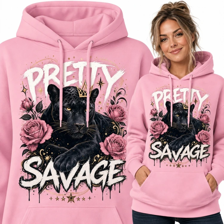 Bluza damska z kapturem „Pretty Savage” - czarna pantera w koronie i róże