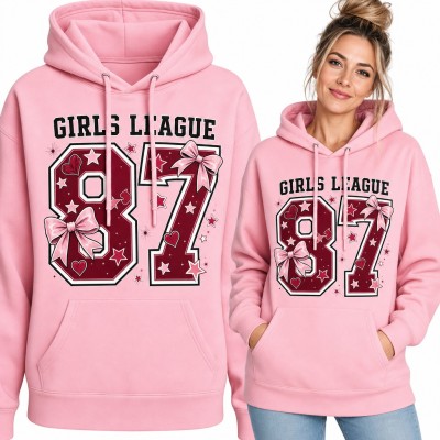 Bluza damska z kapturem - „Girls League 87” z kokardami w stylu varsity