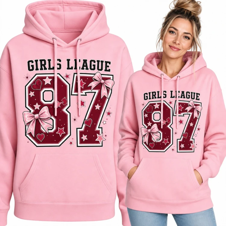 Bluza damska z kapturem - „Girls League 87” z kokardami w stylu varsity