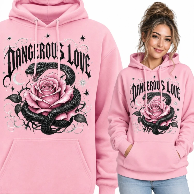 Bluza damska z kapturem - wąż oplatający różę „Dangerous love” w gotyckim stylu
