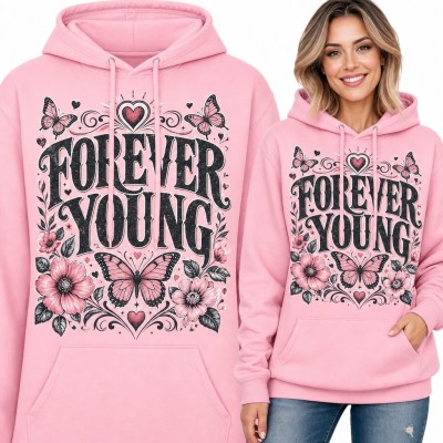 Bluza damska z kapturem - „Forever Young” z motylami i kwiatami