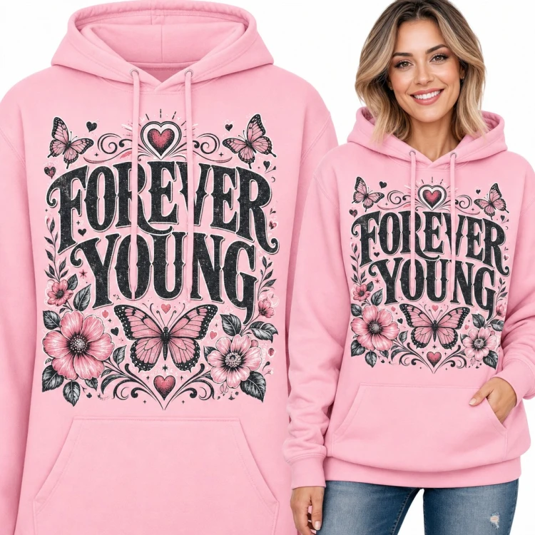 Bluza damska z kapturem - „Forever Young” z motylami i kwiatami