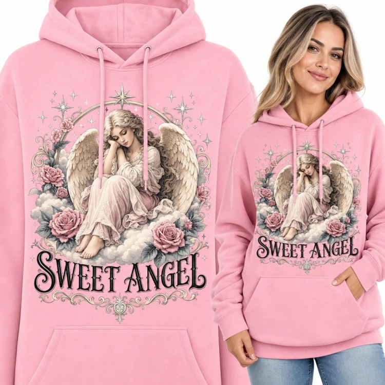 Bluza damska z kapturem - „Sweet Angel” śpiący anioł na chmurze wśród róż