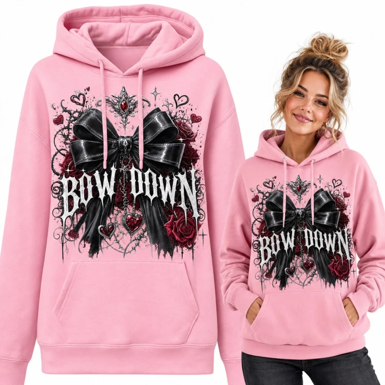 Bluza damska z kapturem - gotycka kokarda z różami i napis „Bow Down”