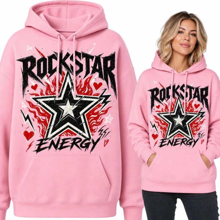 Bluza damska z kapturem - „Rockstar Energy” z płonącą gwiazdą i sercami