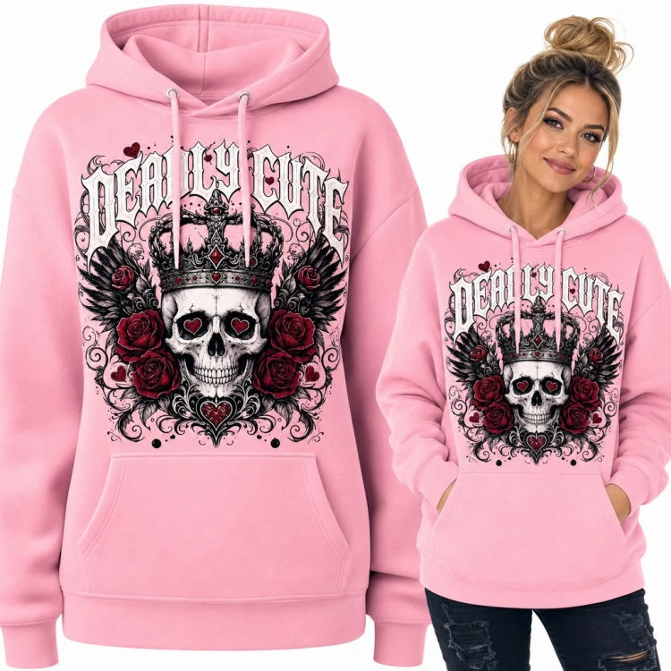 Bluza damska z kapturem - gotycka czaszka z sercami w oczach „Deadly Cute”