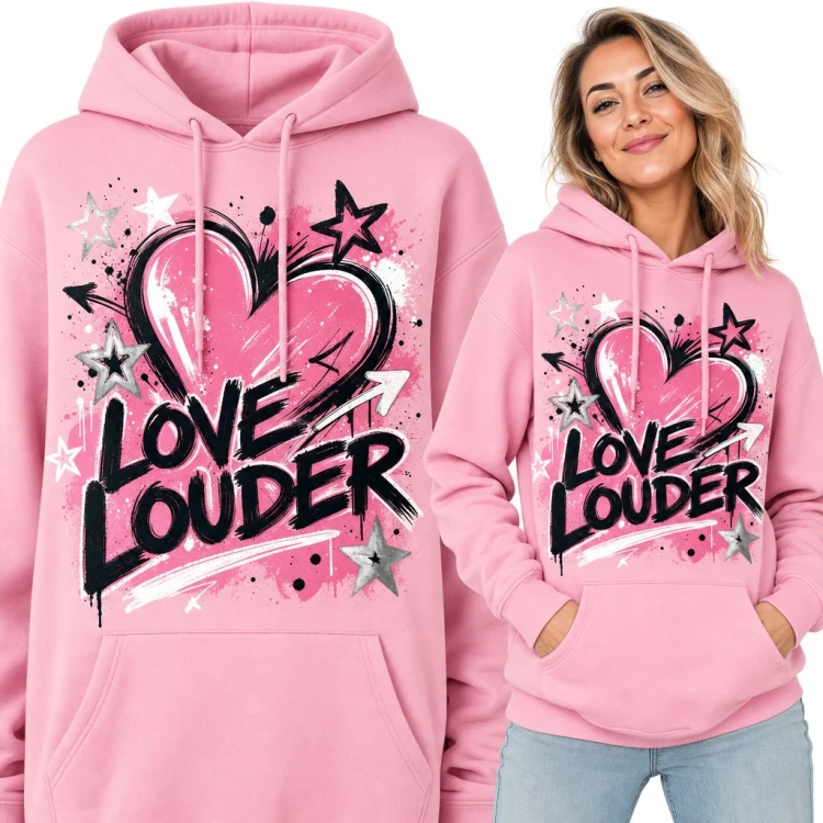 Bluza damska z kapturem - graffiti serce z gwiazdkami „Love louder”