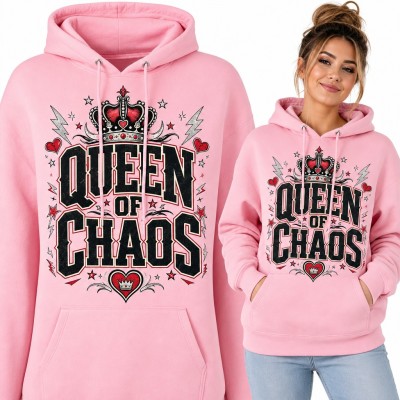 Bluza damska z kapturem „Queen of Chaos” - korona, serca i błyskawice