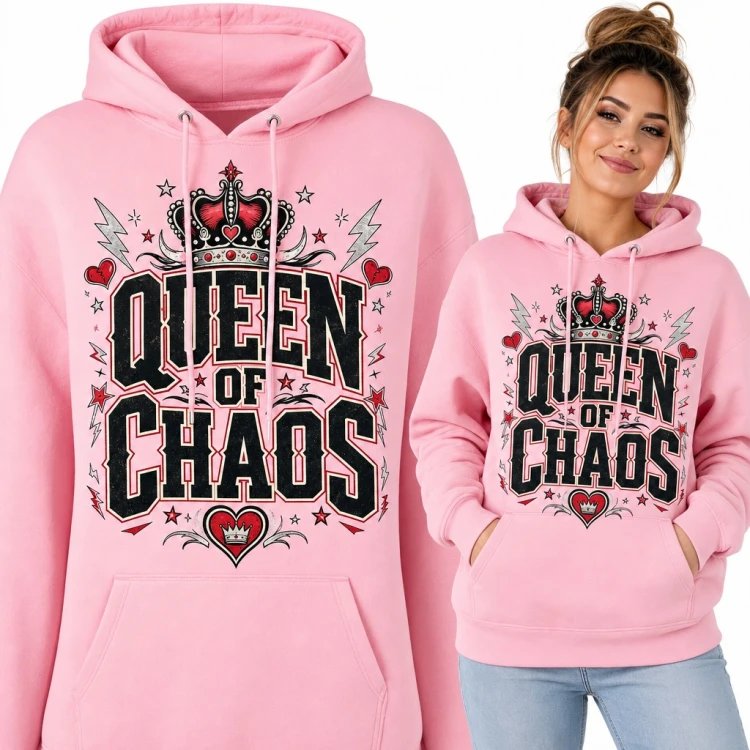 Bluza damska z kapturem „Queen of Chaos” - korona, serca i błyskawice
