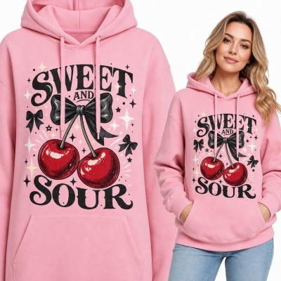 Bluza damska z kapturem „Sweet and sour” - wiśnie z czarną kokardą