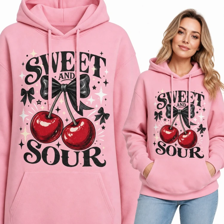 Bluza damska z kapturem „Sweet and sour” - wiśnie z czarną kokardą