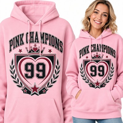 Bluza damska z kapturem - „Pink Champions” herb varsity z sercem, koroną i numerem 99