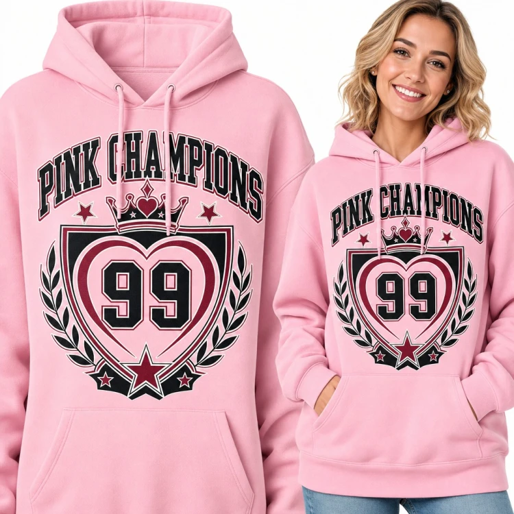Bluza damska z kapturem - „Pink Champions” herb varsity z sercem, koroną i numerem 99