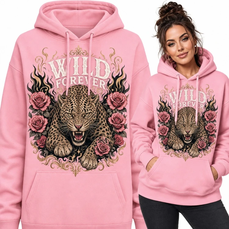 Bluza damska z kapturem - lampart wśród róż i napis „Wild forever”
