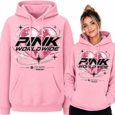 Bluza damska z kapturem „Pink Worldwide” - serce z mapą świata w stylu Y2K