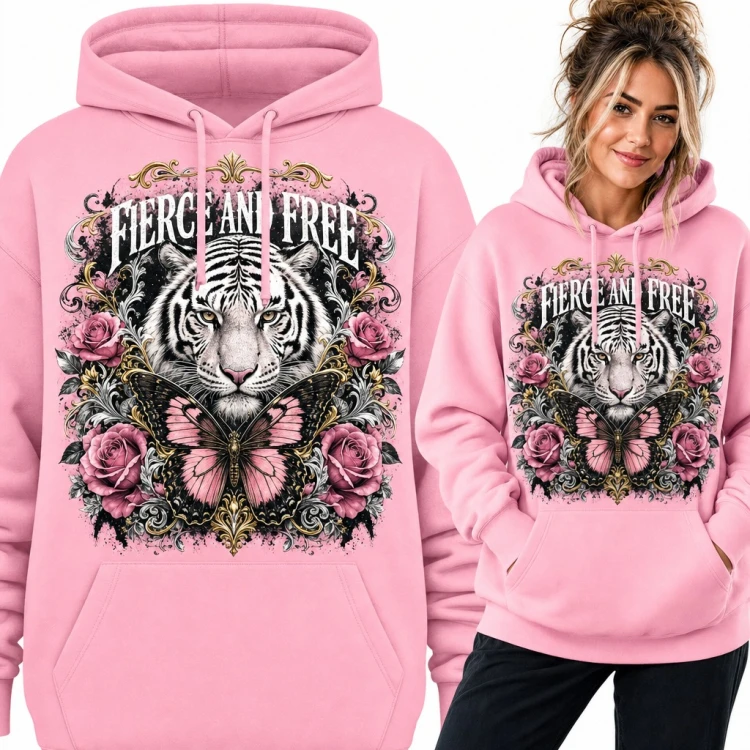 Bluza damska z kapturem - biały tygrys z motylem i różami „Fierce and free”