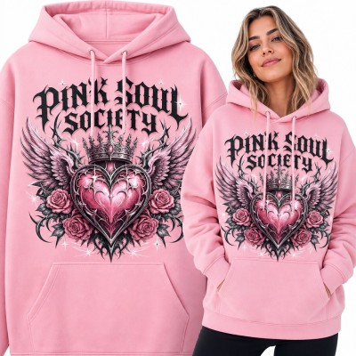 Bluza damska z kapturem - „Pink Soul Society” gotyckie serce w koronie ze skrzydłami