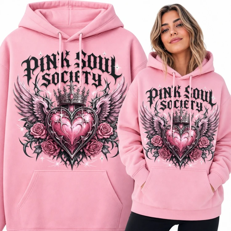 Bluza damska z kapturem - „Pink Soul Society” gotyckie serce w koronie ze skrzydłami