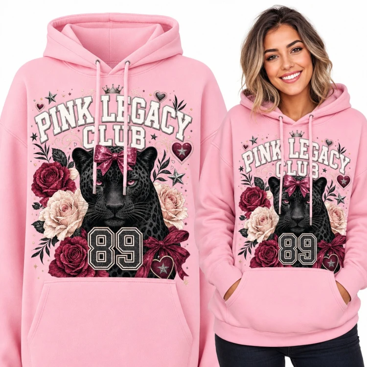 Bluza damska z kapturem „Pink Legacy Club” - czarna pantera z kokardą i różami