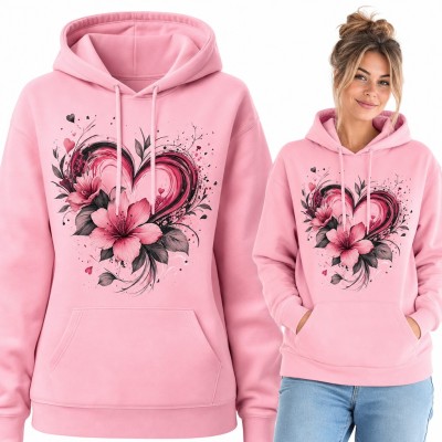 Bluza damska z kapturem - malowane serce z kwiatami hibiskusa