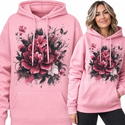 Bluza damska z kapturem - akwarelowy bukiet piwonii z czarnymi liśćmi