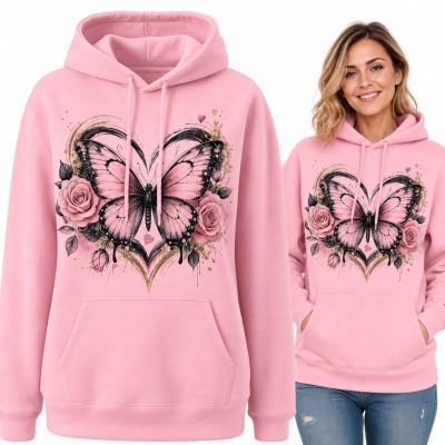 Bluza damska z kapturem - różowy motyl w sercu z różami