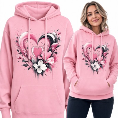 Bluza damska z kapturem - malowane serce z kwiatami w stylu akwareli