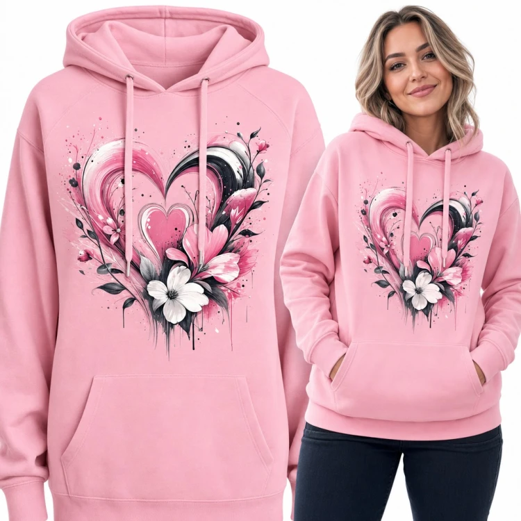 Bluza damska z kapturem - malowane serce z kwiatami w stylu akwareli