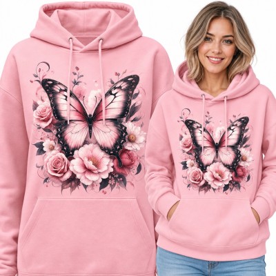 Bluza damska z kapturem - różowo-czarny motyl wśród róż i piwonii