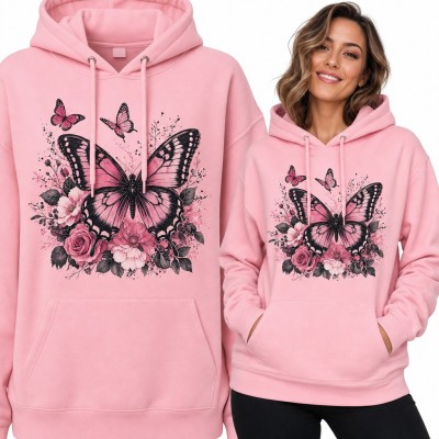 Bluza damska z kapturem - motyl wśród róż i kwiatów