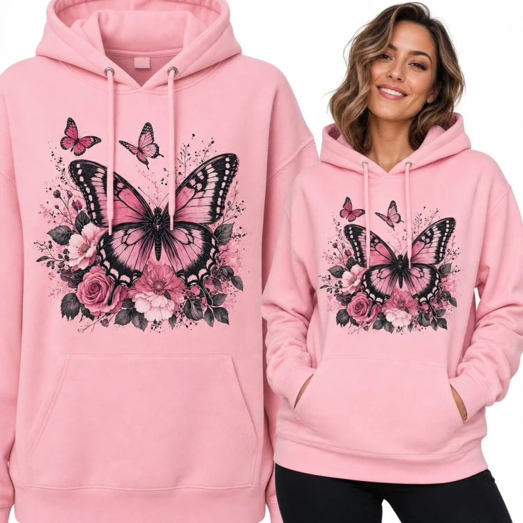 Bluza damska z kapturem - motyl wśród róż i kwiatów
