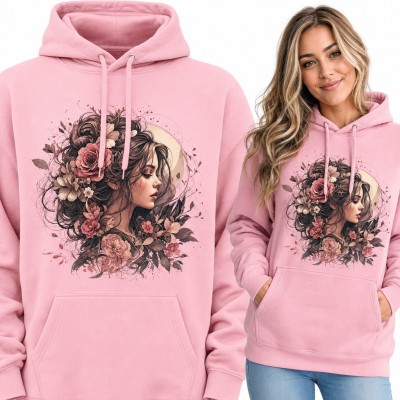 Bluza damska z kapturem - portret kobiety z różami we włosach i księżycem