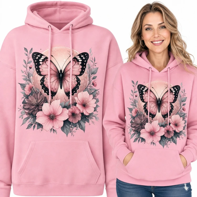 Bluza damska z kapturem - różowy motyl wśród kwiatów