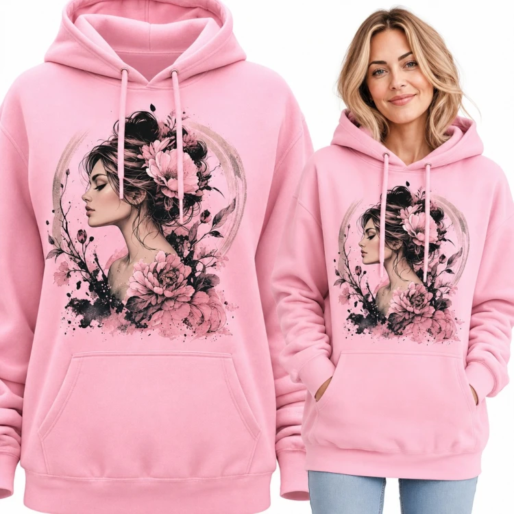 Bluza damska z kapturem - profil kobiety z piwoniami we włosach w stylu akwareli