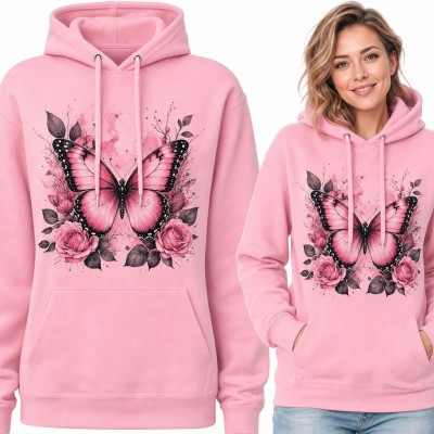 Bluza damska z kapturem - różowy motyl wśród róż w stylu akwareli
