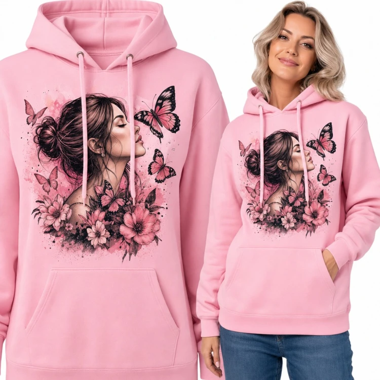 Bluza damska z kapturem - kobieta w profilu z motylami i kwiatami