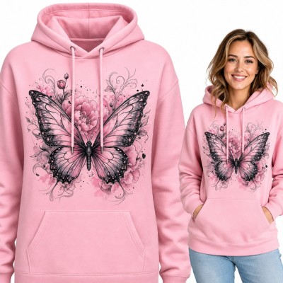 Bluza damska z kapturem - motyl z piwoniami w stylu akwareli i tatuażu