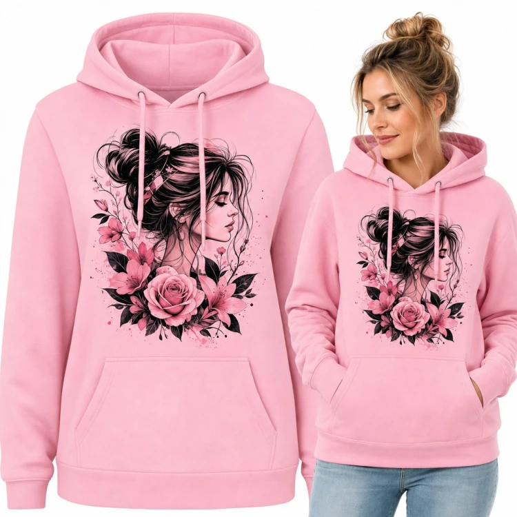 Bluza damska z kapturem - portret dziewczyny z kokiem wśród róż i lilii