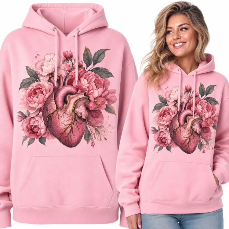 Bluza damska z kapturem - anatomiczne serce w bukiecie piwonii