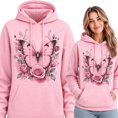 Bluza damska z kapturem - akwarelowy motyl z bukietem róż i gałązek