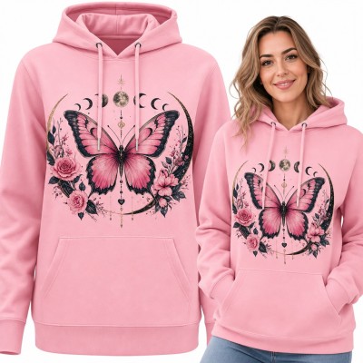 Bluza damska z kapturem - różowy motyl w półksiężycu z fazami księżyca i różami