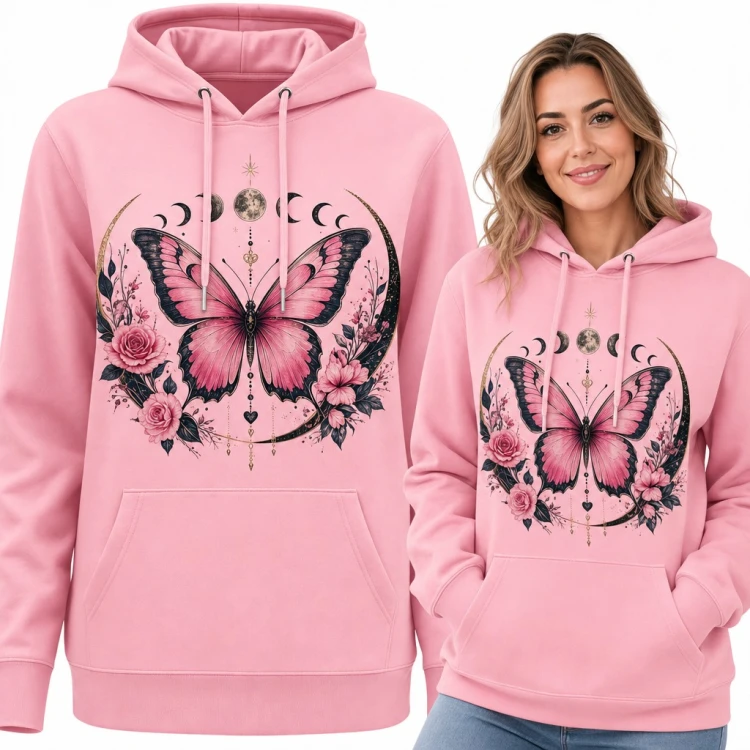 Bluza damska z kapturem - różowy motyl w półksiężycu z fazami księżyca i różami