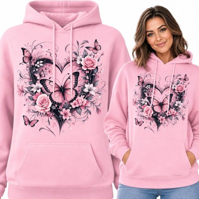 Bluza damska z kapturem - serce z motyli i róż