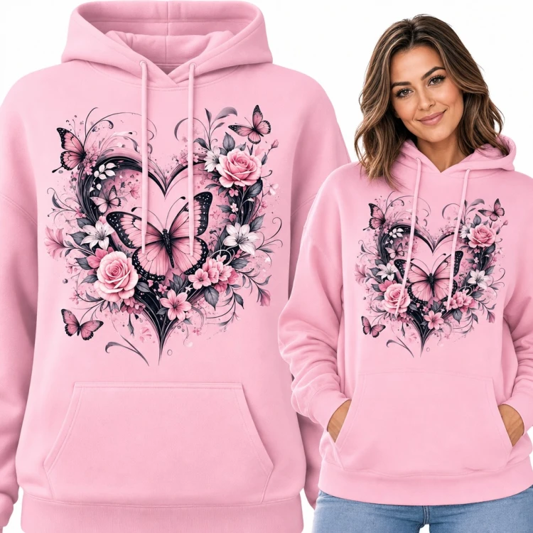 Bluza damska z kapturem - serce z motyli i róż
