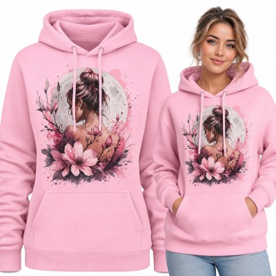 Bluza damska z kapturem - kobieta z koczkiem na tle księżyca wśród magnolii