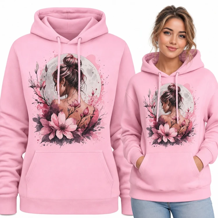 Bluza damska z kapturem - kobieta z koczkiem na tle księżyca wśród magnolii