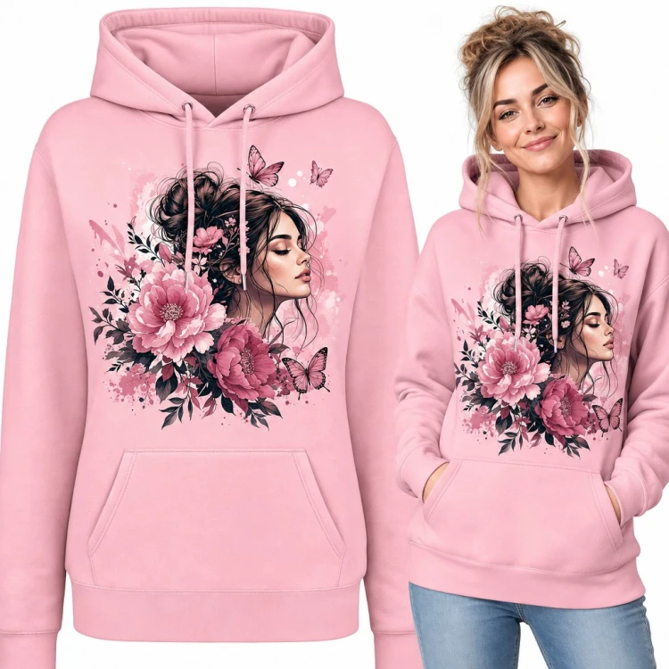 Bluza damska z kapturem - kobieta w piwoniach z motylami