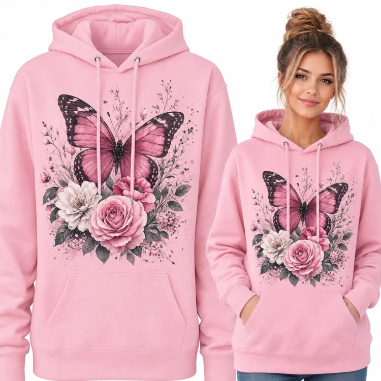 Bluza damska z kapturem - różowy motyl i bukiet róż w stylu akwareli