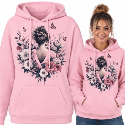 Bluza damska z kapturem - kobieta z kokiem wśród kwiatów i motyli
