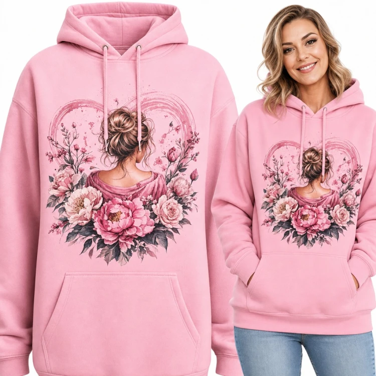 Bluza damska z kapturem - kobieta z kokiem w sercu z piwonii